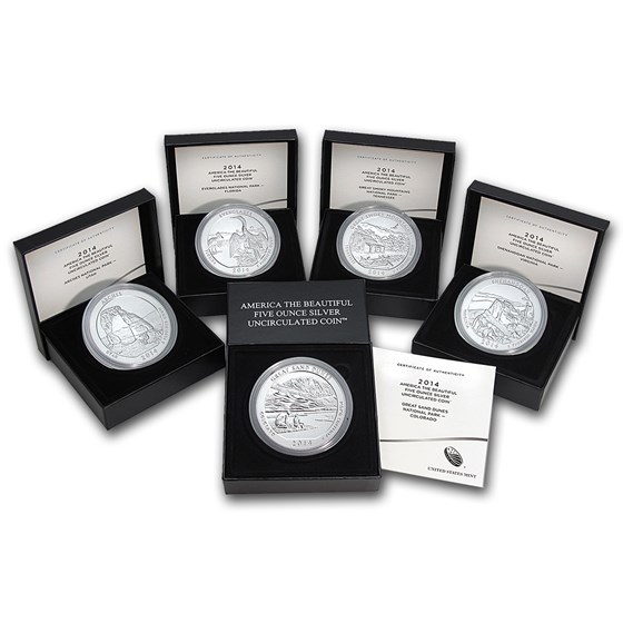 2014-P 5-Coin 5 oz Silver Burnished ATB Set (w/Box & COA) 2014-P 5-Coin 5 oz Silver Burnished ATB Set (w/Box & COA)
